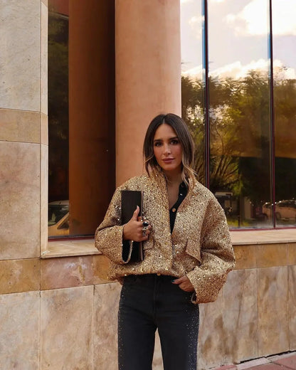 Lyric | Women's Bomber Jacket Gold Sequin Tweed Textured Structured Sparkle Statement Chic Occasion Party Festive Evening Autumn