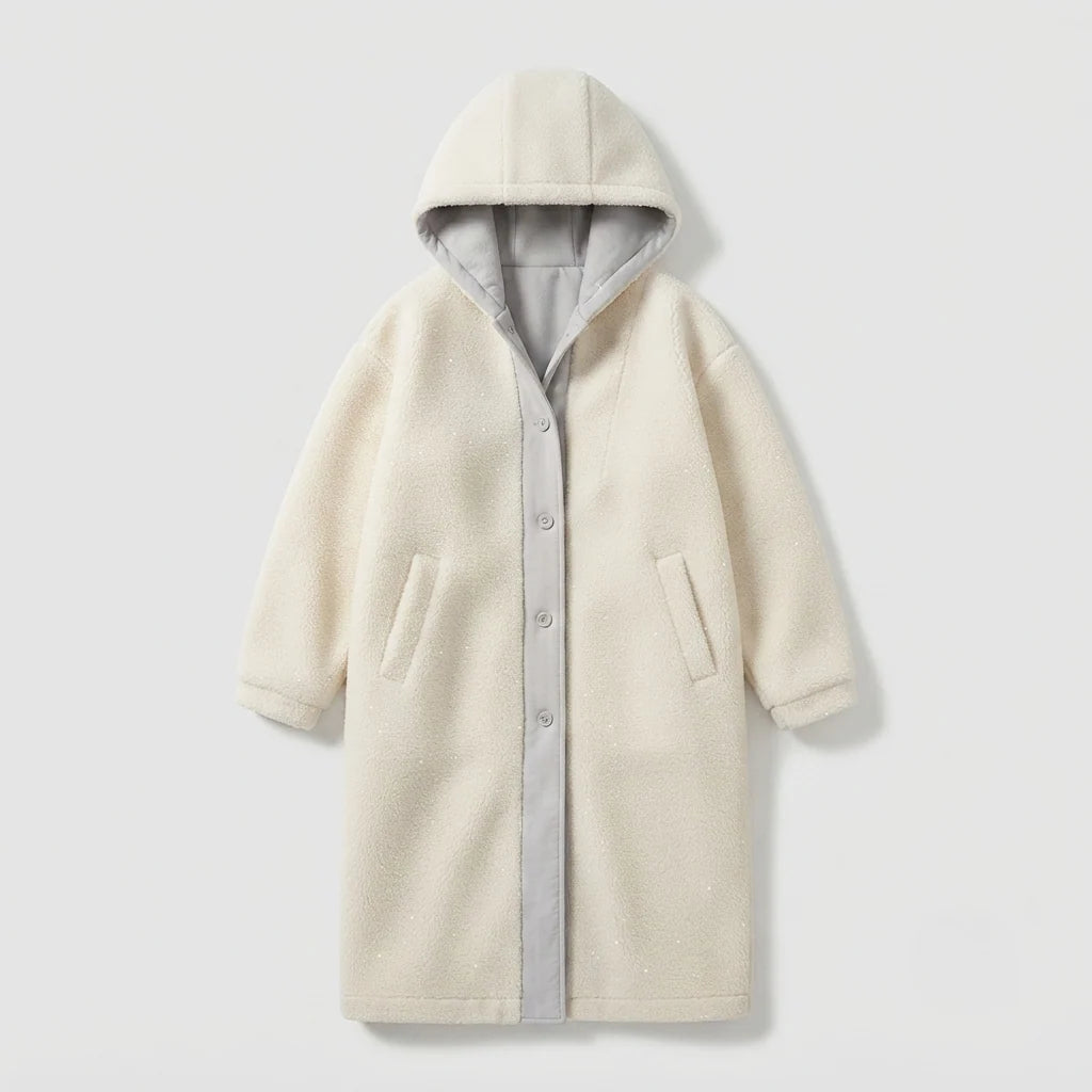 Macy | Women's Teddy Overcoat Hooded Plush Sherpa Fleece Longline Soft Cosy Warm Chic Feminine Casual Everyday Autumn Winter