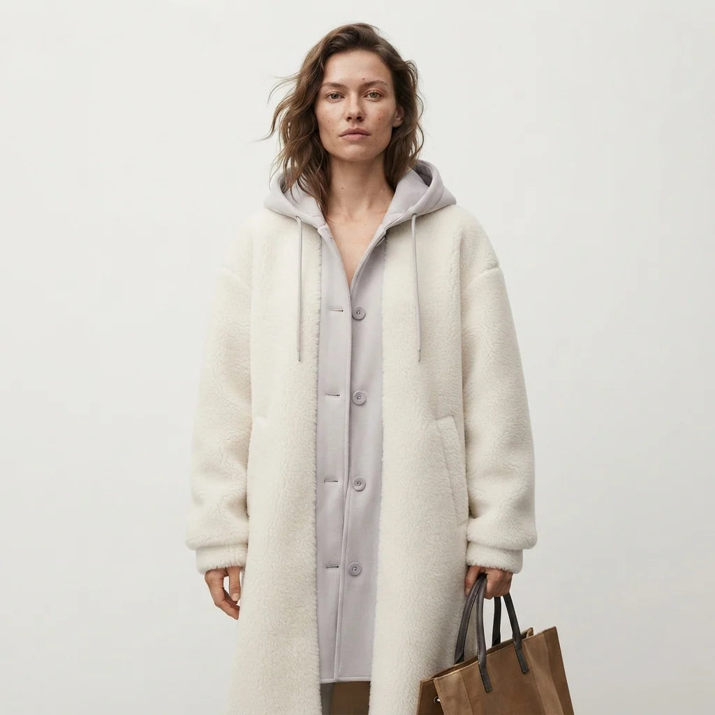 Macy | Women's Teddy Overcoat Hooded Plush Sherpa Fleece Longline Soft Cosy Warm Chic Feminine Casual Everyday Autumn Winter