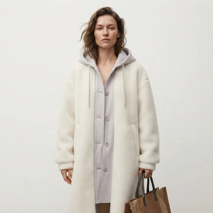 Macy | Women's Teddy Overcoat Hooded Plush Sherpa Fleece Longline Soft Cosy Warm Chic Feminine Casual Everyday Autumn Winter