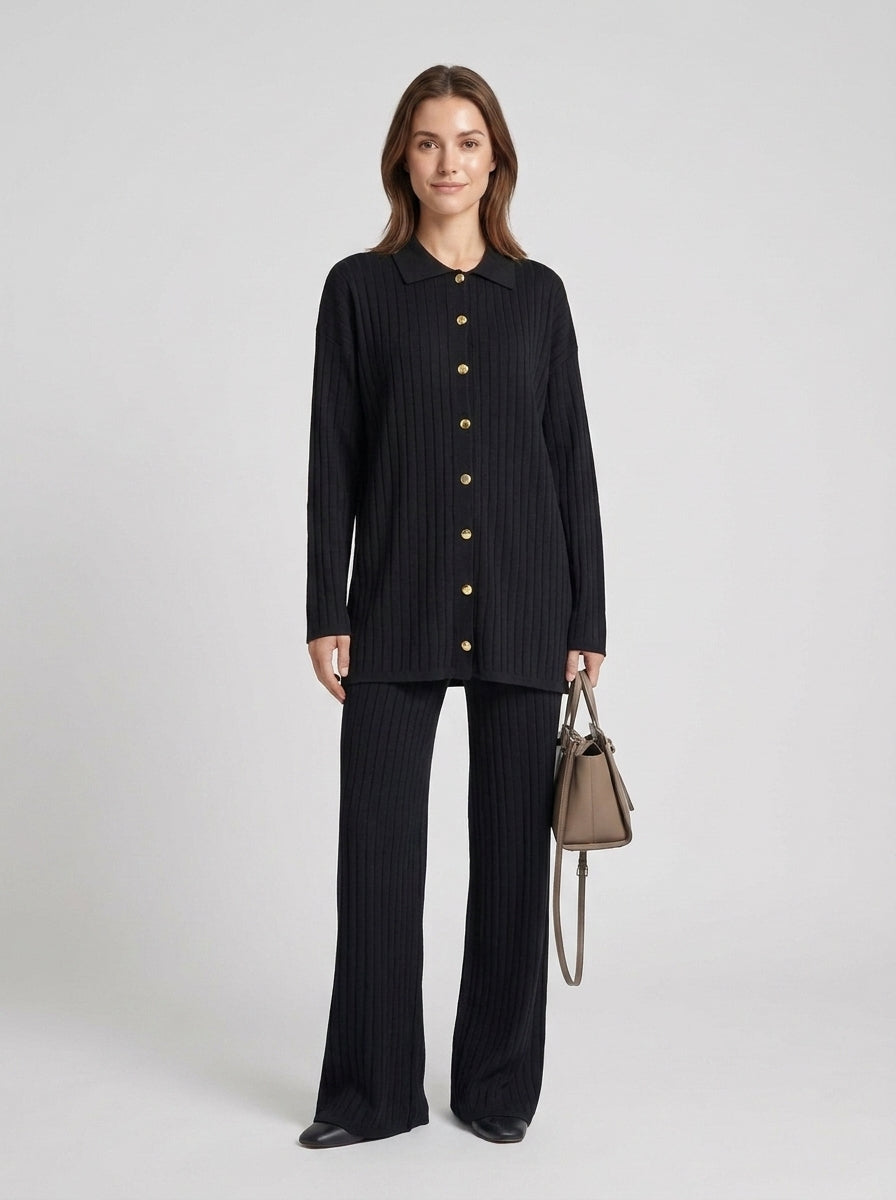 Marie | Women's Co-ord Set Ribbed Knit Longline Button Shirt Straight Trousers Two-Piece Soft Stretch Coordinated Chic Autumn