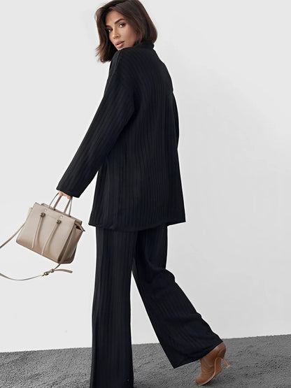 Marie | Women's Co-ord Set Ribbed Knit Longline Button Shirt Straight Trousers Two-Piece Soft Stretch Coordinated Chic Autumn