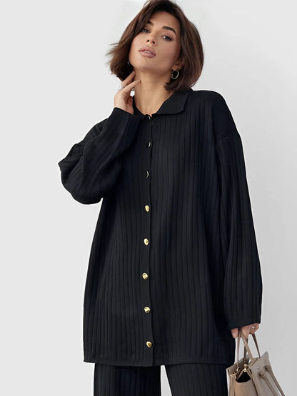 Marie | Women's Co-ord Set Ribbed Knit Longline Button Shirt Straight Trousers Two-Piece Soft Stretch Coordinated Chic Autumn