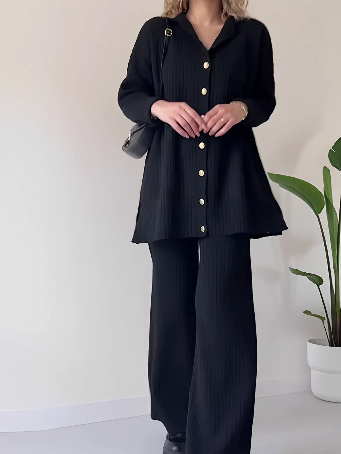 Marie | Women's Co-ord Set Ribbed Knit Longline Button Shirt Straight Trousers Two-Piece Soft Stretch Coordinated Chic Autumn