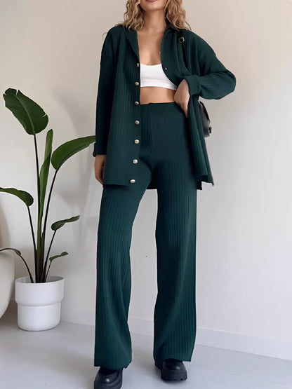 Marie | Women's Co-ord Set Ribbed Knit Longline Button Shirt Straight Trousers Two-Piece Soft Stretch Coordinated Chic Autumn