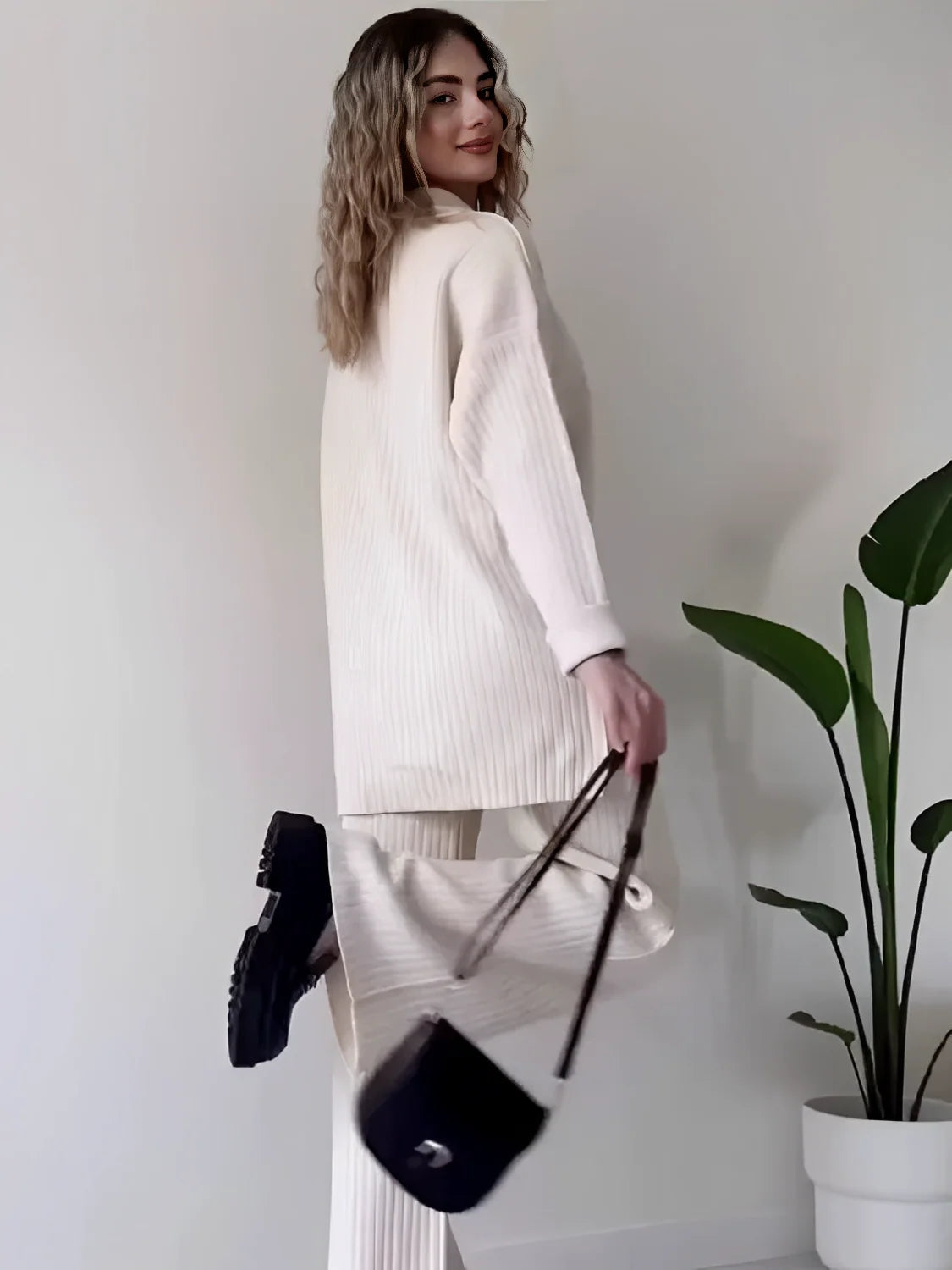 Marie | Women's Co-ord Set Ribbed Knit Longline Button Shirt Straight Trousers Two-Piece Soft Stretch Coordinated Chic Autumn