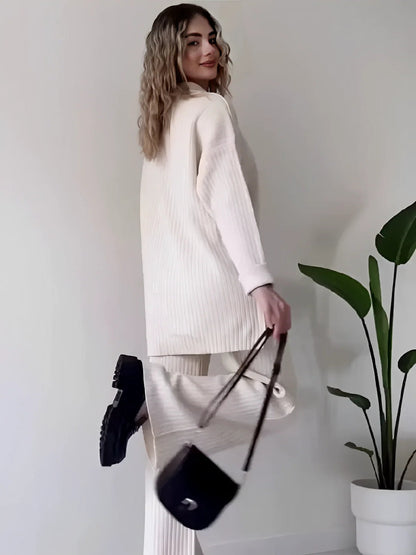 Marie | Women's Co-ord Set Ribbed Knit Longline Button Shirt Straight Trousers Two-Piece Soft Stretch Coordinated Chic Autumn