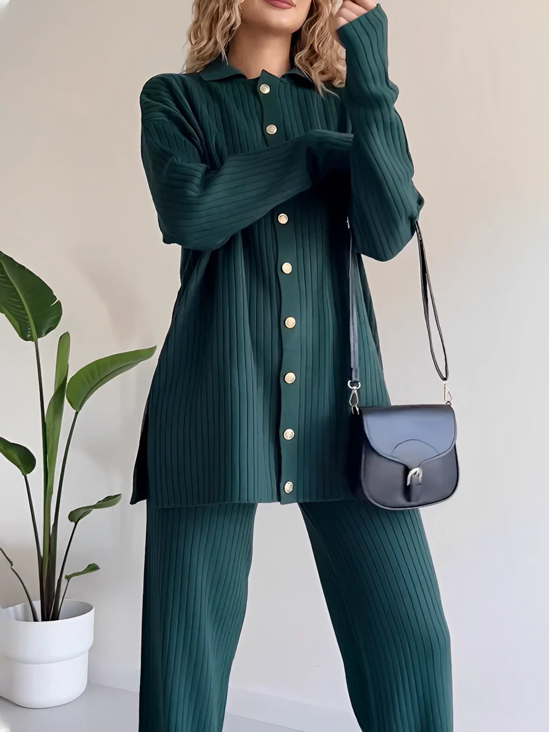 Marie | Women's Co-ord Set Ribbed Knit Longline Button Shirt Straight Trousers Two-Piece Soft Stretch Coordinated Chic Autumn