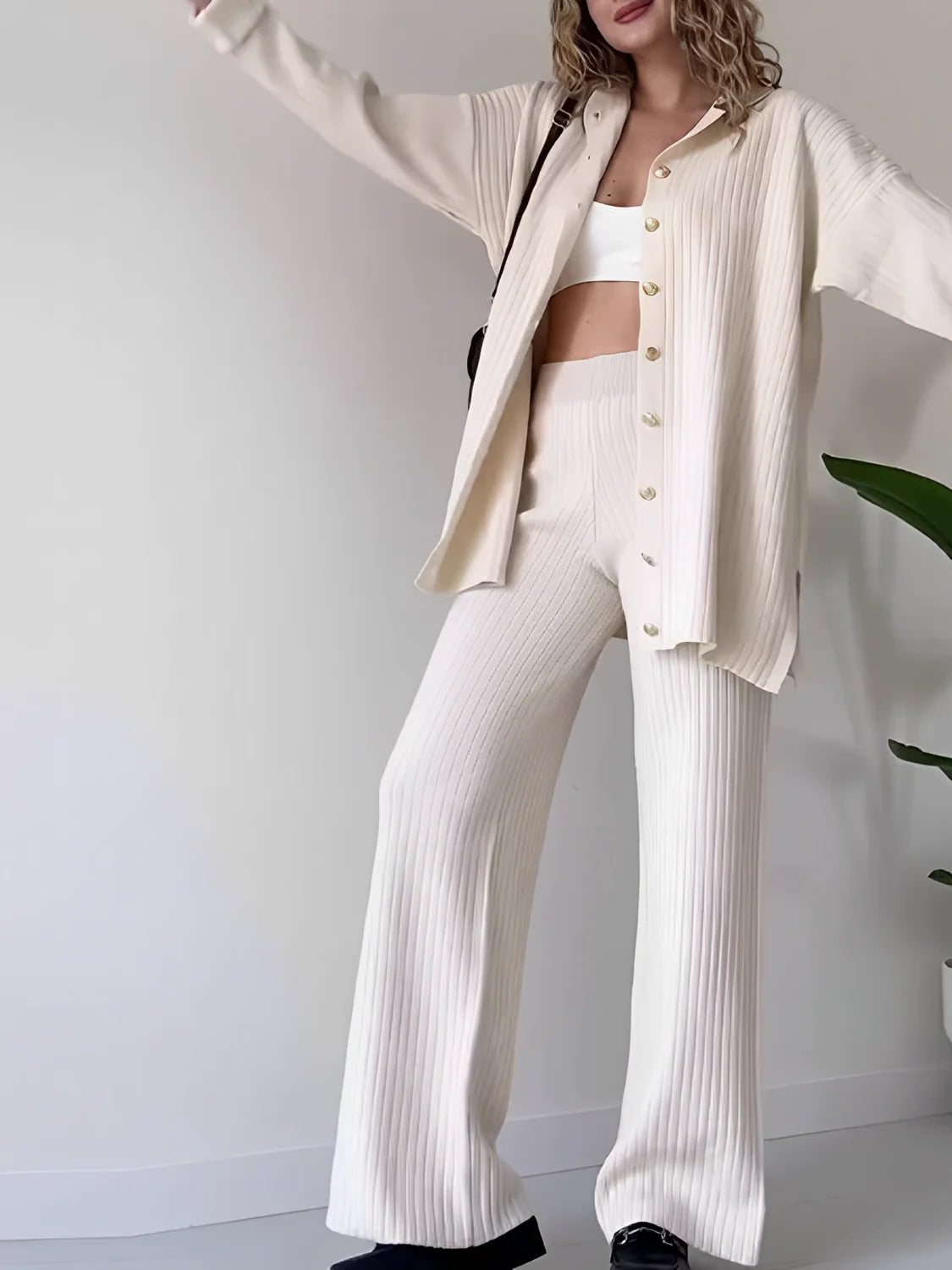 Marie | Women's Co-ord Set Ribbed Knit Longline Button Shirt Straight Trousers Two-Piece Soft Stretch Coordinated Chic Autumn