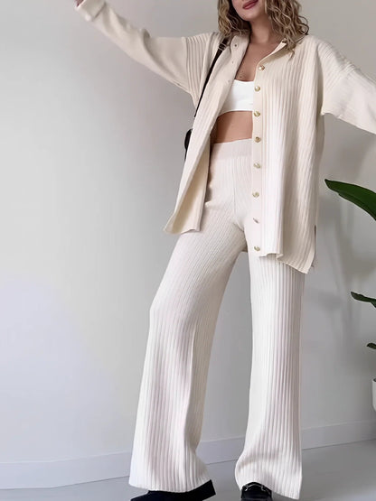 Marie | Women's Co-ord Set Ribbed Knit Longline Button Shirt Straight Trousers Two-Piece Soft Stretch Coordinated Chic Autumn