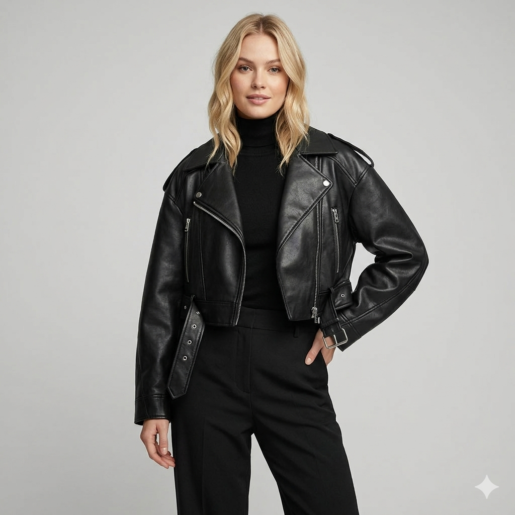 Alessia | Women's Cropped Moto Leather Jacket, Biker Style, Winter