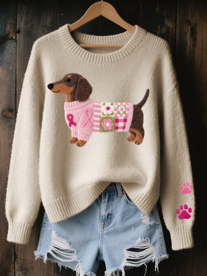 Nova | Women's Puppy Print Sweater, Long Sleeve Knit Jumper, Casual Winter - Pink