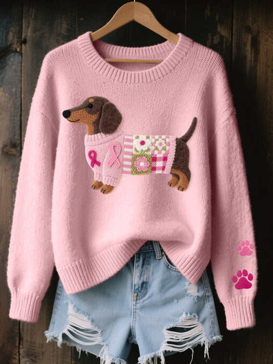 Nova | Women's Puppy Print Sweater, Long Sleeve Knit Jumper, Casual Winter - Pink