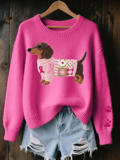 Nova | Women's Puppy Print Sweater, Long Sleeve Knit Jumper, Casual Winter - Pink