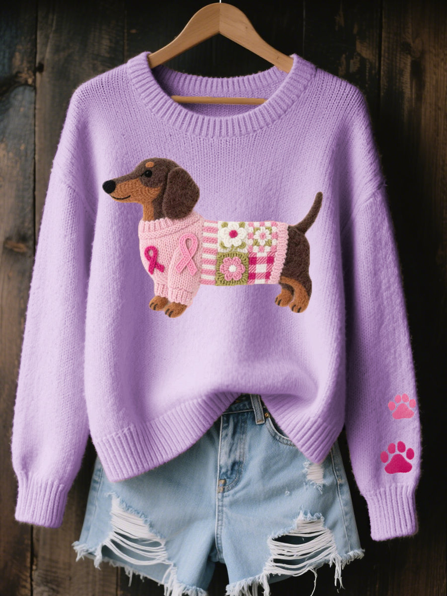 Nova | Women's Puppy Print Sweater, Long Sleeve Knit Jumper, Casual Winter - Pink