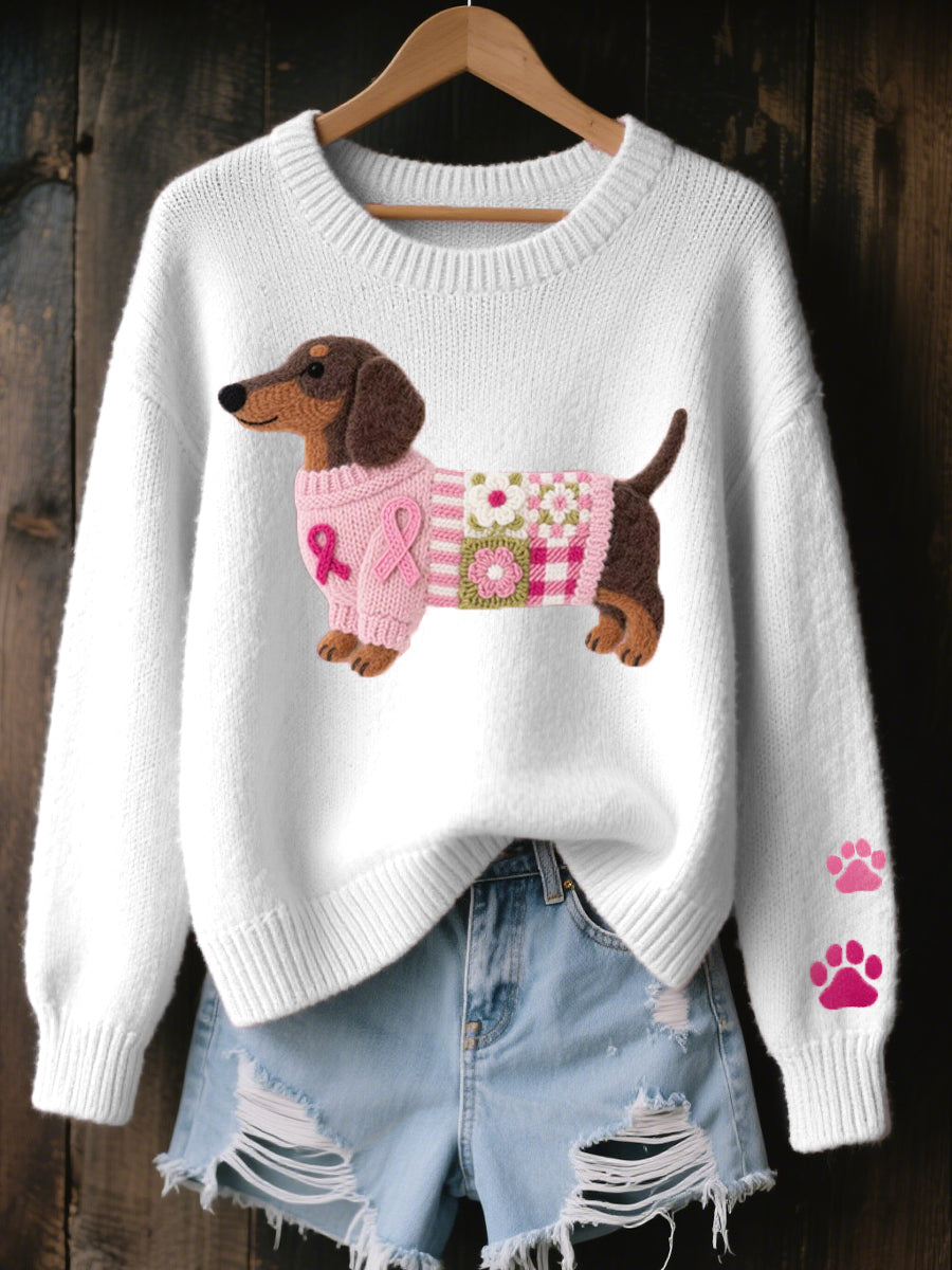 Nova | Women's Puppy Print Sweater, Long Sleeve Knit Jumper, Casual Winter - Pink