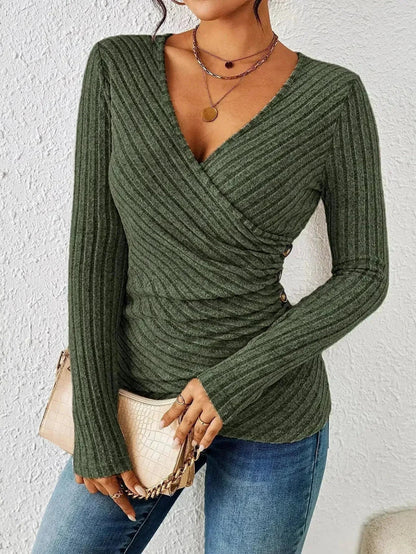 Daria | Women's Ribbed Wrap Knitted Top, V-Neck Button Detail, Winter