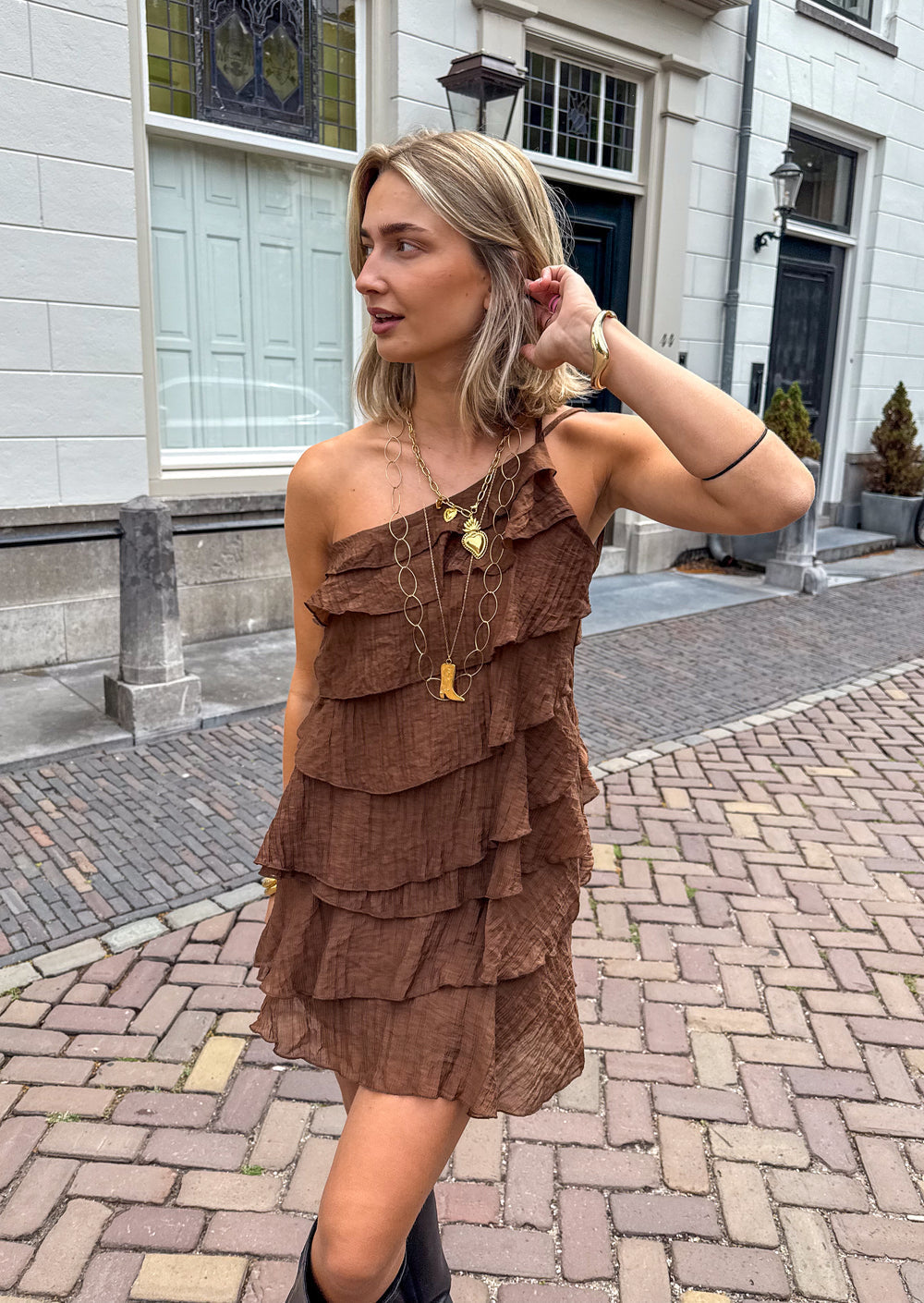 Women's Ruffle Mini Dress with Asymmetric Shoulder Strap
