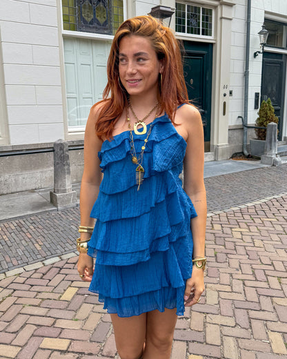 Women's Ruffle Mini Dress with Asymmetric Shoulder Strap