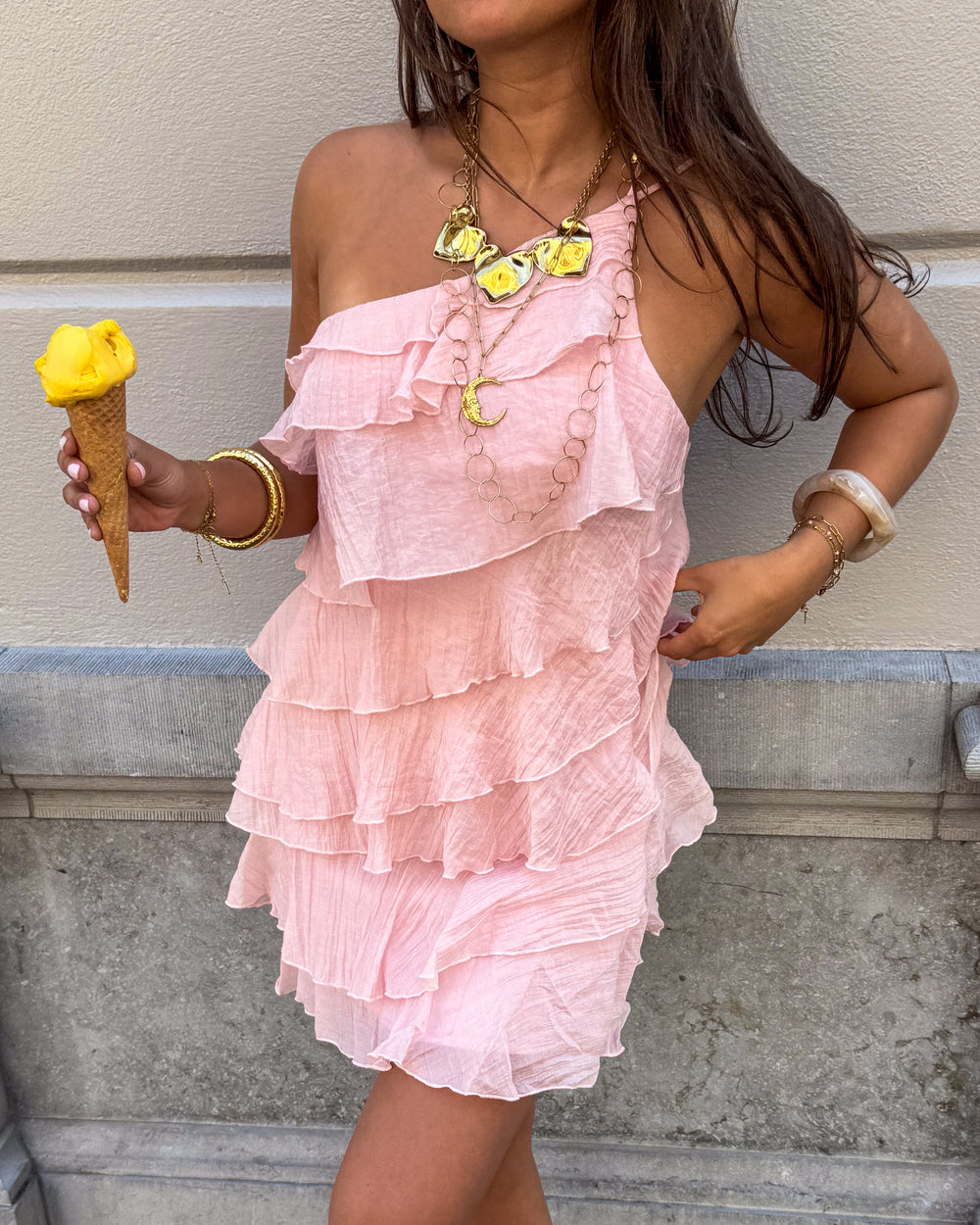 Women's Ruffle Mini Dress with Asymmetric Shoulder Strap