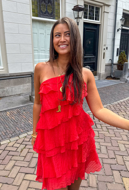 Women's Ruffle Mini Dress with Asymmetric Shoulder Strap