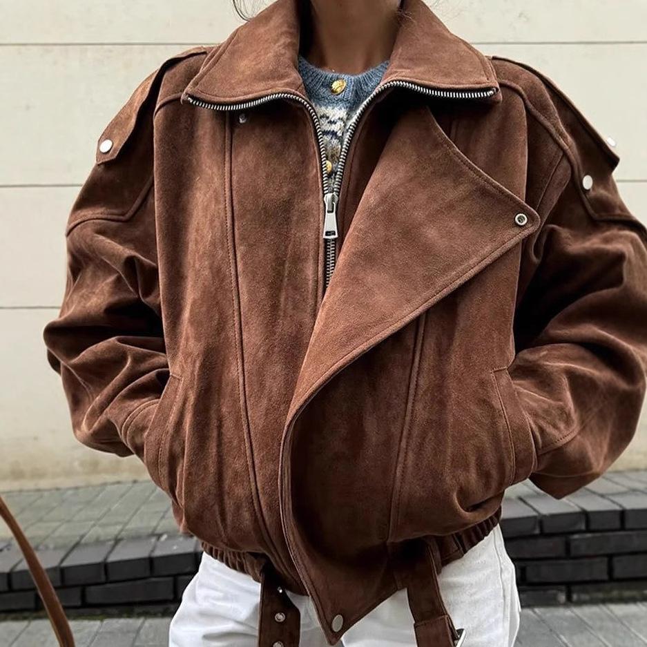 Moretti | Women's Oversized Suede Belted Jacket, Relaxed Fit, Autumn