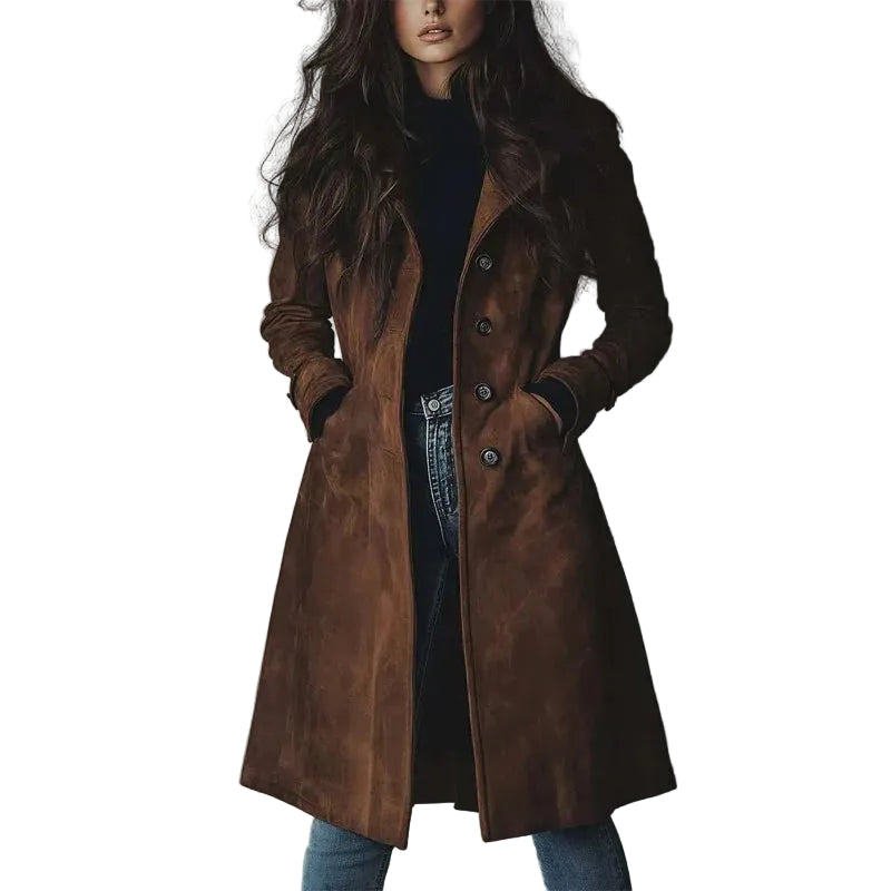 Sienna | Women's Suede Longline Button Coat, Structured Silhouette, Autumn