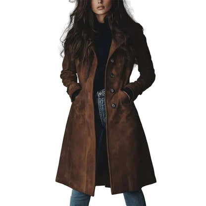 Sienna | Women's Suede Longline Button Coat, Structured Silhouette, Autumn