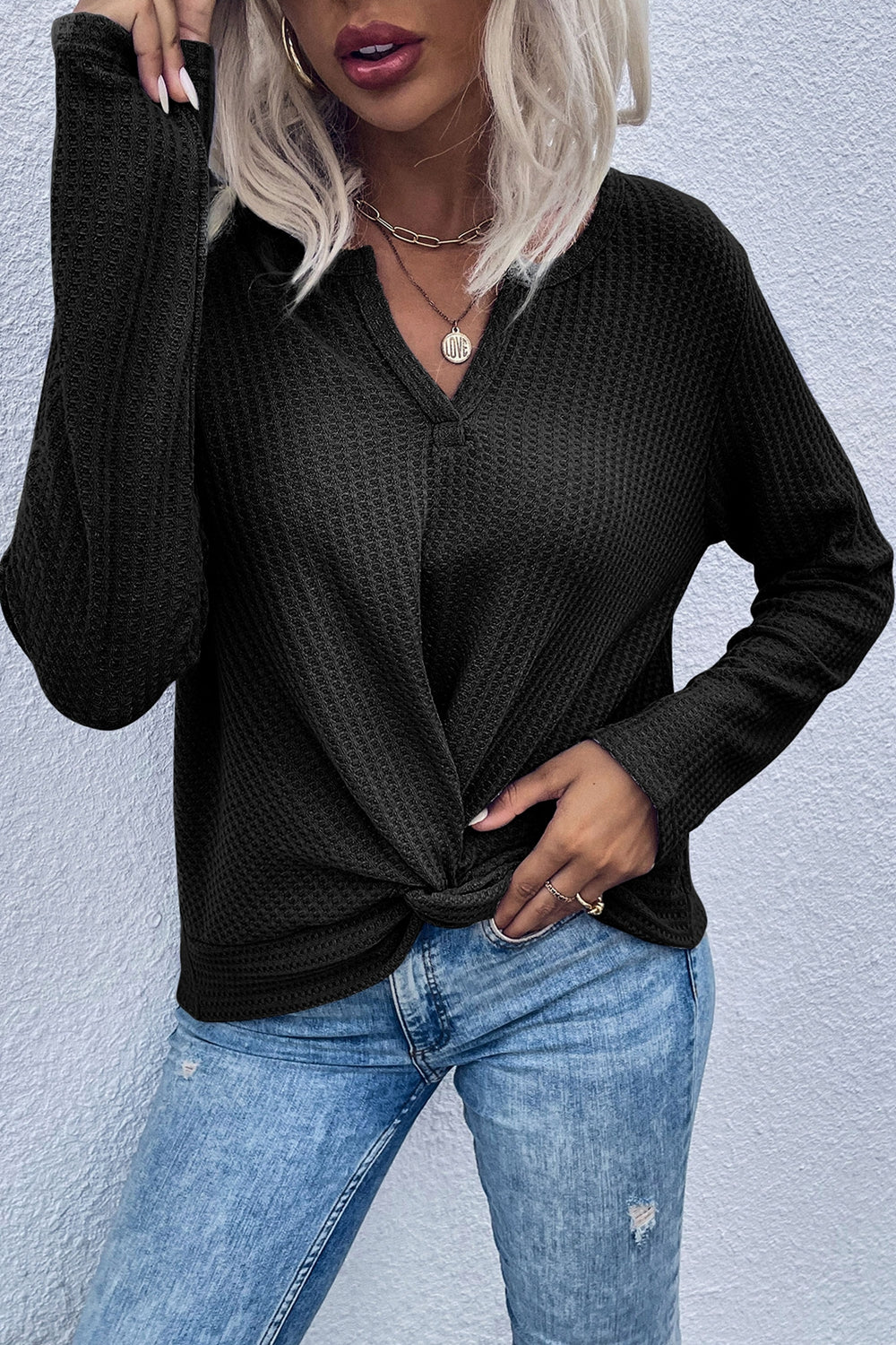 Thea | Women's Twisted Front Knitted Top, Long Sleeve Waffle Knit, Winter