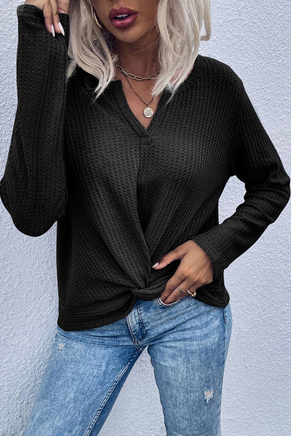Thea | Women's Twisted Front Knitted Top, Long Sleeve Waffle Knit, Winter