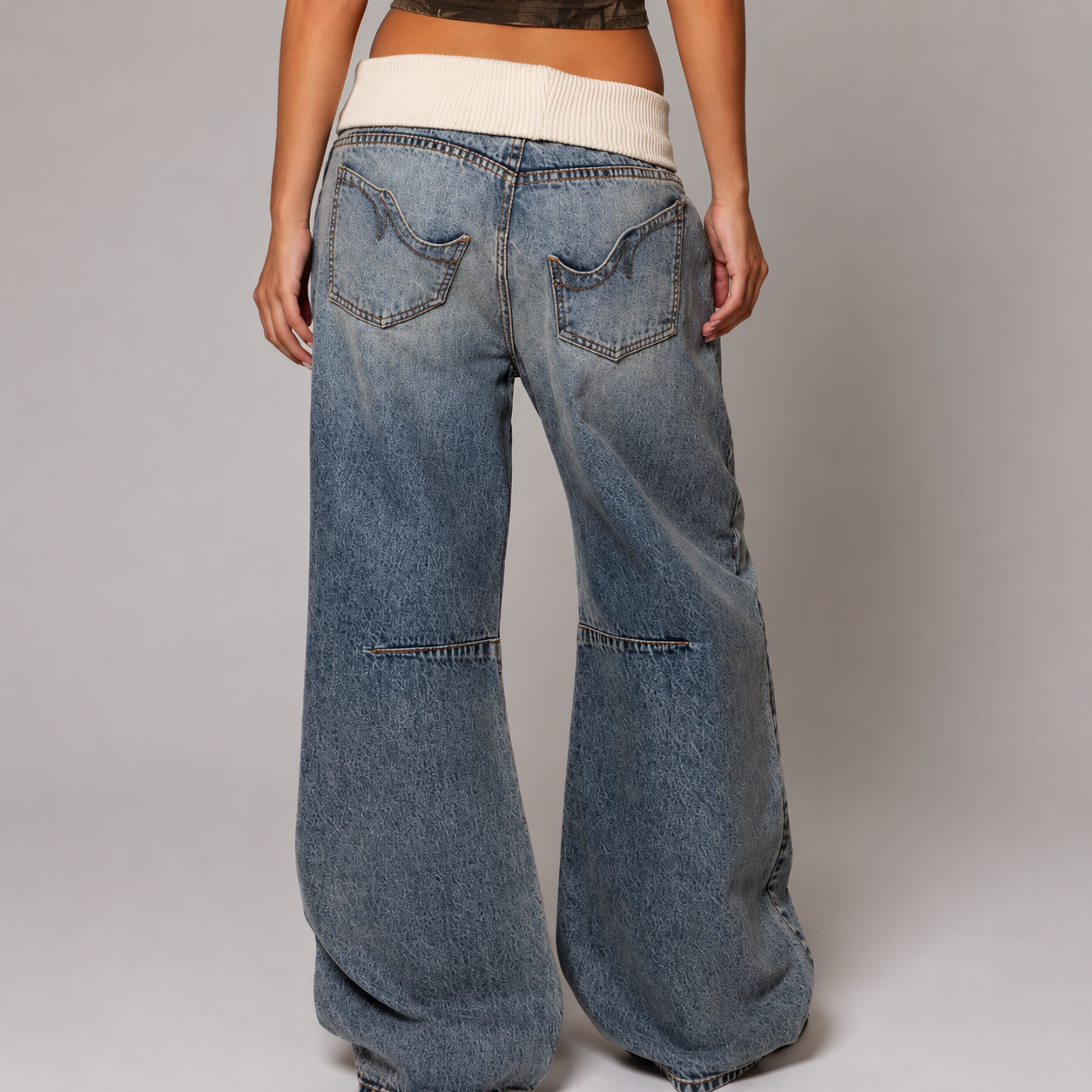 Mia | Women's Baggy Wide-Leg Jeans, Ribbed Waistband Urban Style, Casual
