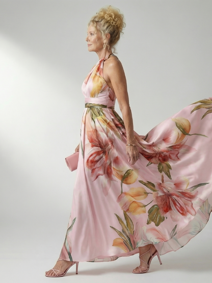 Women's Light Floral Maxi Dress with Halter Neckline and Flowing A-Line Skirt
