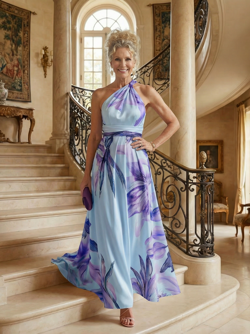Women's Light Floral Maxi Dress with Halter Neckline and Flowing A-Line Skirt