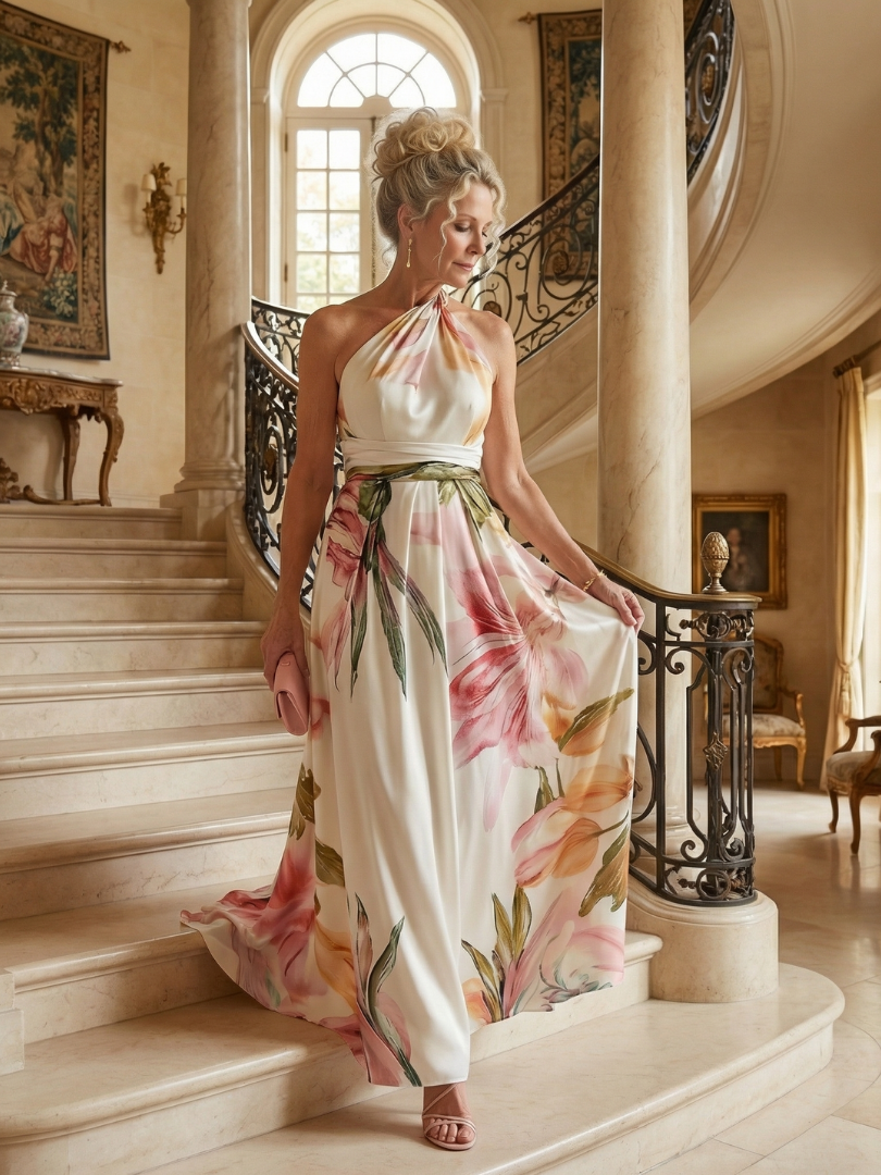 Women's Light Floral Maxi Dress with Halter Neckline and Flowing A-Line Skirt