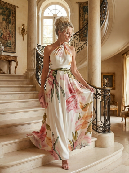 Women's Light Floral Maxi Dress with Halter Neckline and Flowing A-Line Skirt