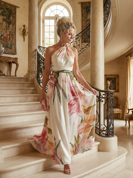 Women's Light Floral Maxi Dress with Halter Neckline and Flowing A-Line Skirt