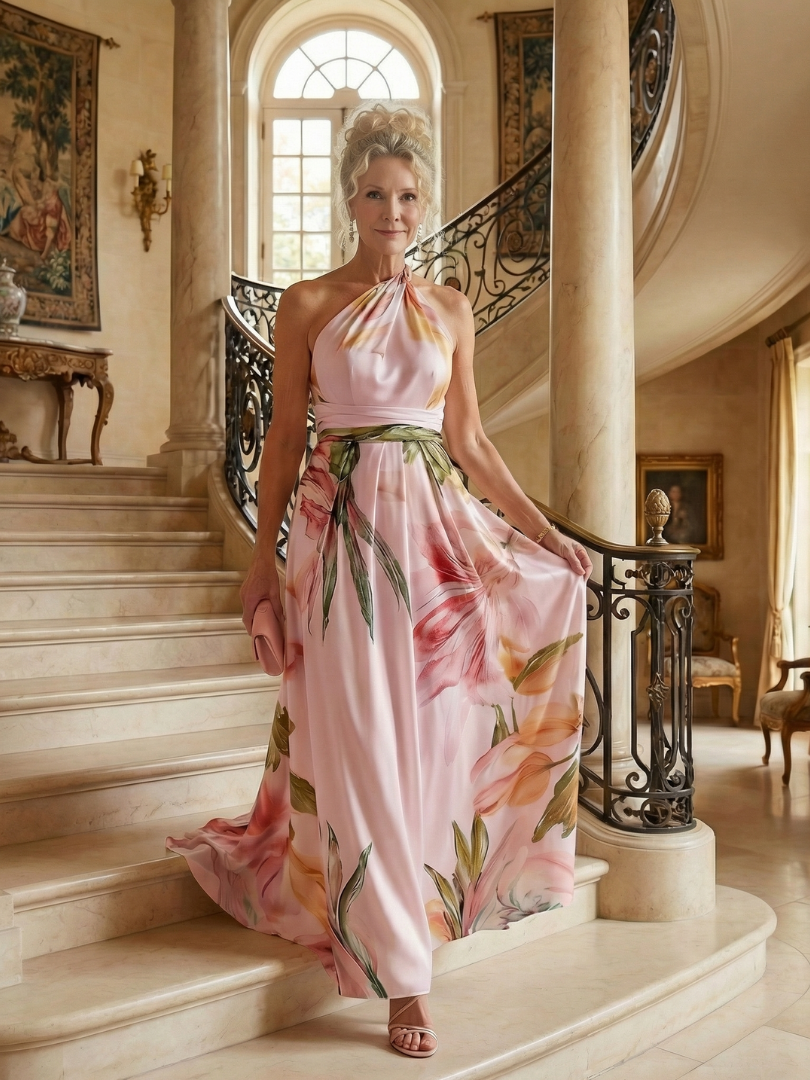 Women's Light Floral Maxi Dress with Halter Neckline and Flowing A-Line Skirt