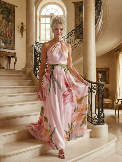 Women's Light Floral Maxi Dress with Halter Neckline and Flowing A-Line Skirt