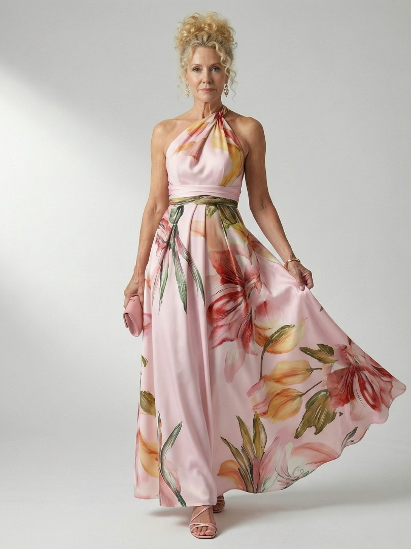 Women's Light Floral Maxi Dress with Halter Neckline and Flowing A-Line Skirt