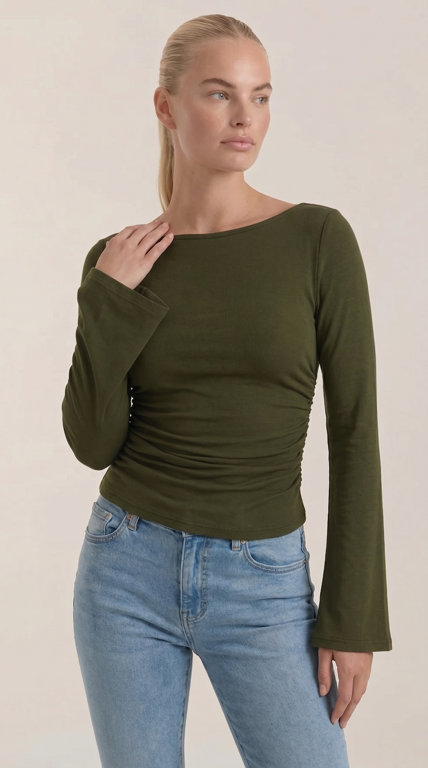 Women's Long Sleeve Top with Flared Balloon Sleeves and Boat Neckline