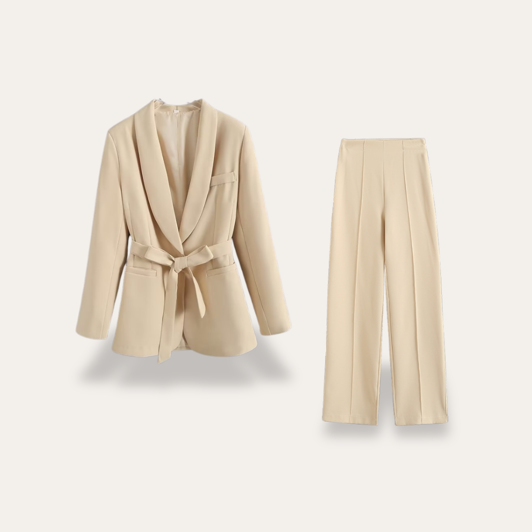 Women's Belted Blazer and Wide-Leg Trousers Set with Tie Belt
