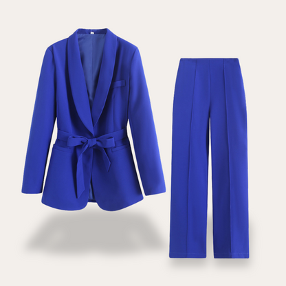 Women's Belted Blazer and Wide-Leg Trousers Set with Tie Belt