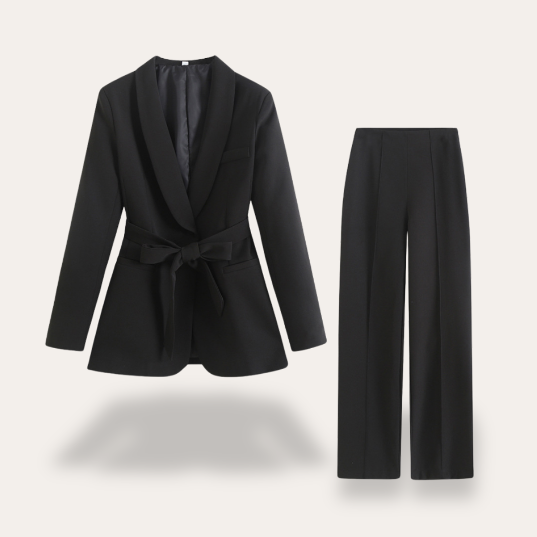 Women's Belted Blazer and Wide-Leg Trousers Set with Tie Belt