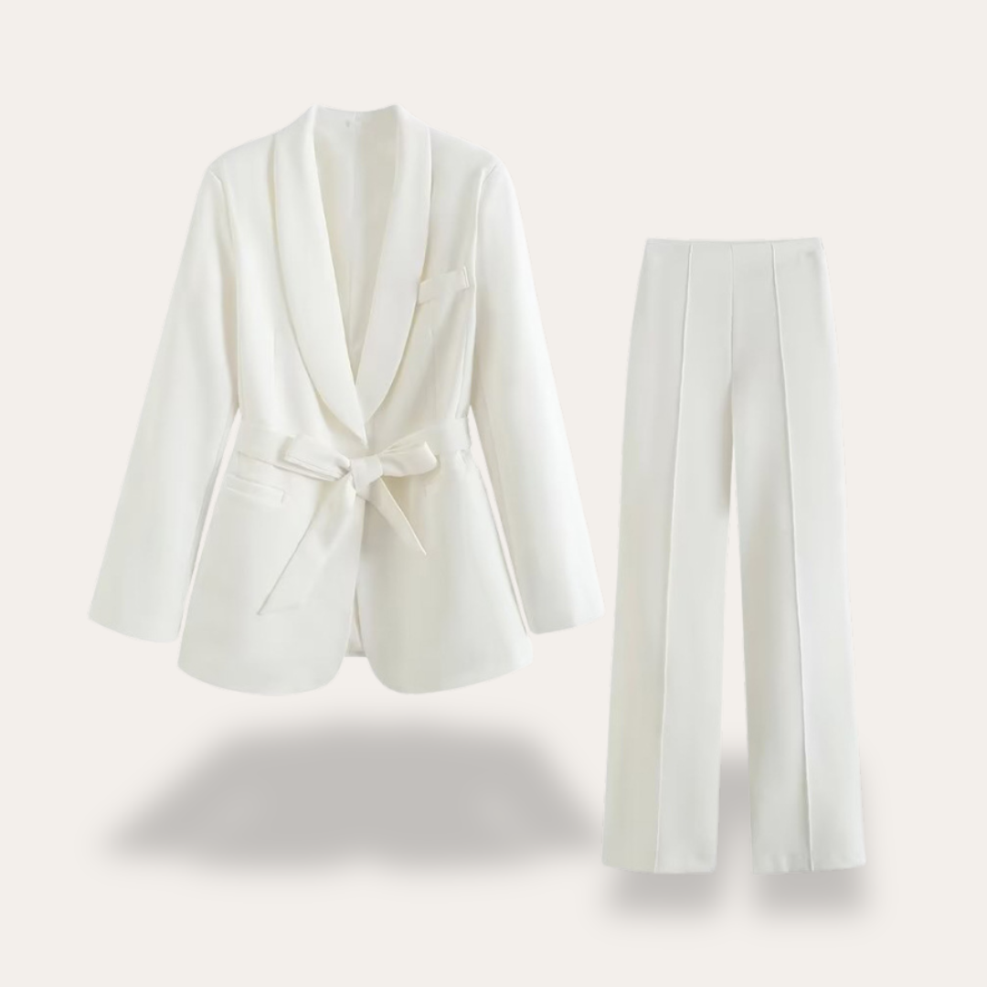 Women's Belted Blazer and Wide-Leg Trousers Set with Tie Belt