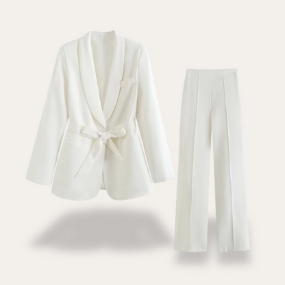 Women's Belted Blazer and Wide-Leg Trousers Set with Tie Belt