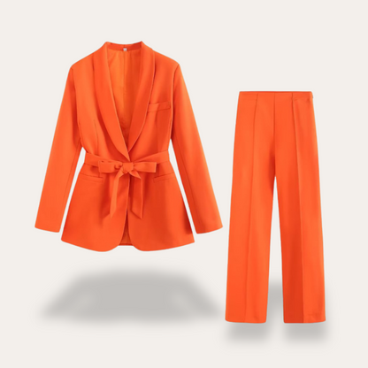 Women's Belted Blazer and Wide-Leg Trousers Set with Tie Belt