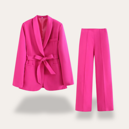 Women's Belted Blazer and Wide-Leg Trousers Set with Tie Belt