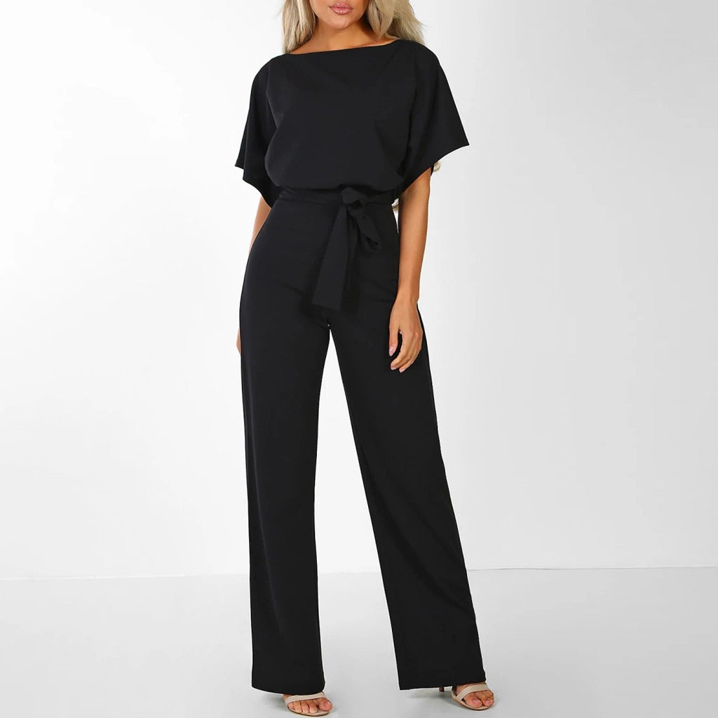 Women's Belted Jumpsuit with Wide Leg and Adjustable Self-Tie Belt