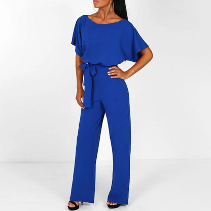 Women's Belted Jumpsuit with Wide Leg and Adjustable Self-Tie Belt