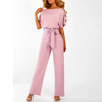 Women's Belted Jumpsuit with Wide Leg and Adjustable Self-Tie Belt